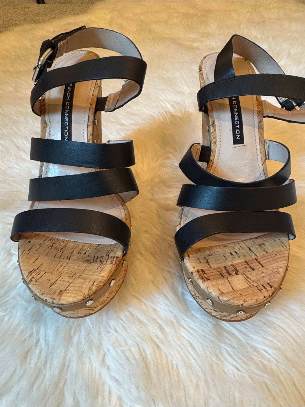 VGUC Size 8.5 French Connection Black Multi-Strap Dion Cork Wedge Sandals! - Picture 2 of 15